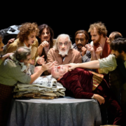 The Nose by Dmitri Shostakovich; JT as Yakovlevich, Clerk, Doctor with Alan Ewing, Jeremy White, Yuri Yurchuk, Simon Wilding, Njabulo Madlala, David Shipley, Charbal Mattar, Sion Goronwy; ROH; Oct/Nov 2016; photo: Bill Cooper